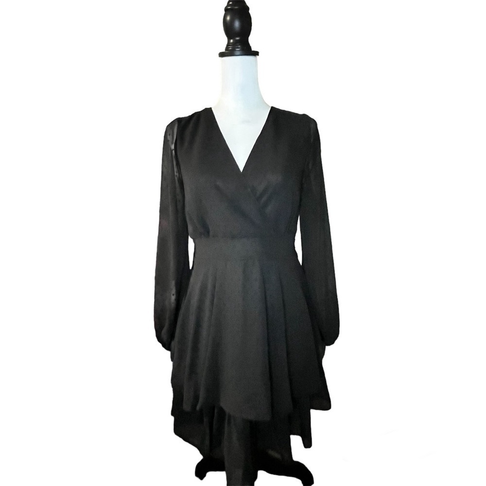 Jessica Simpson Black V-Neck Dress with Sheer Sleeves, Size Medium
